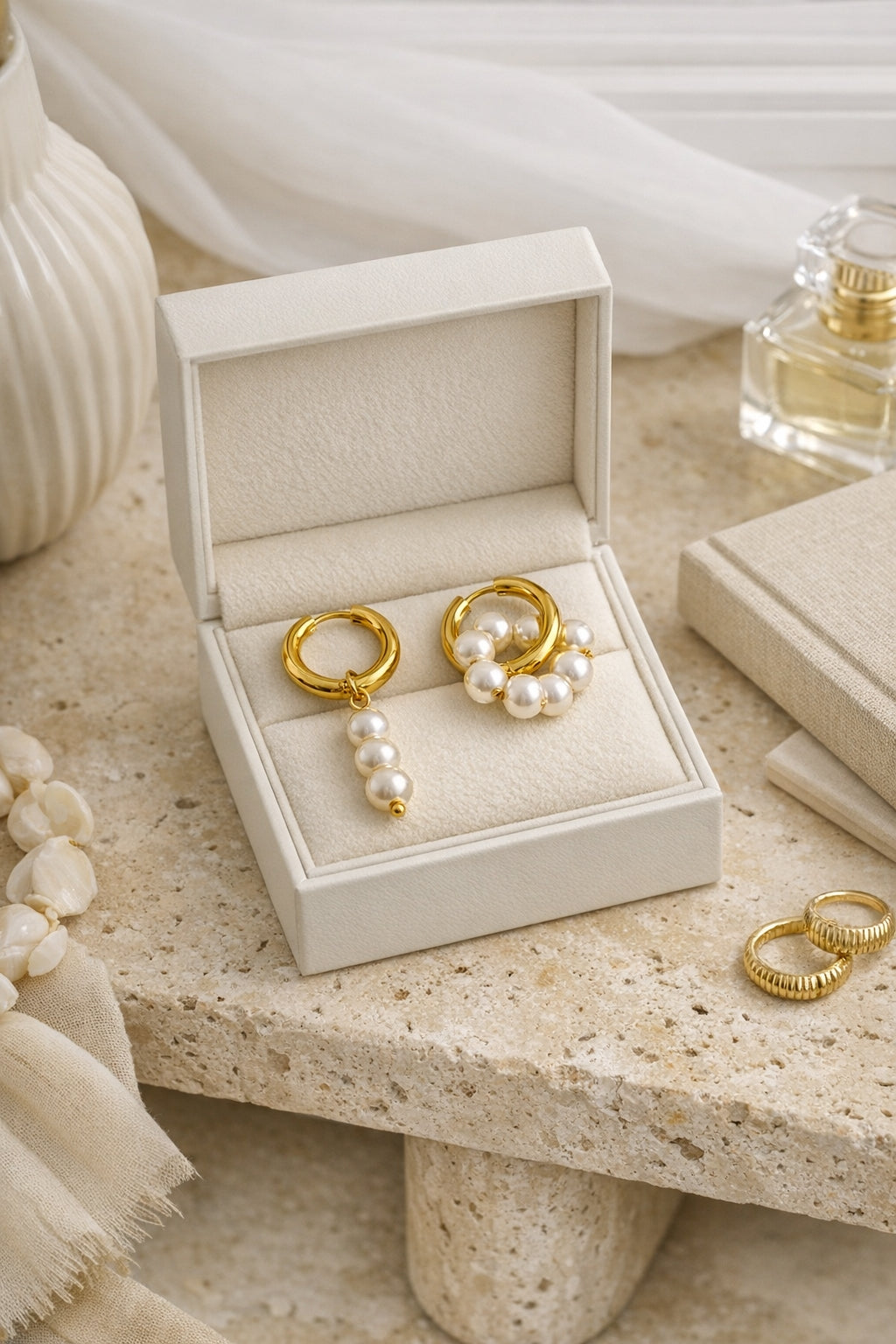 18k Gold‑Plated Pearl Hoop Duo