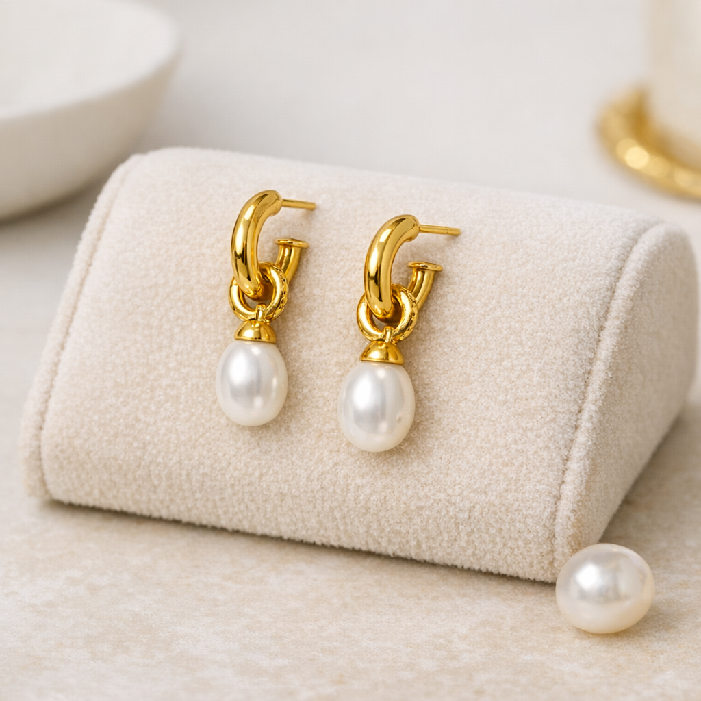 18k Gold‑Plated Stainless Steel Pearl Drop Earrings